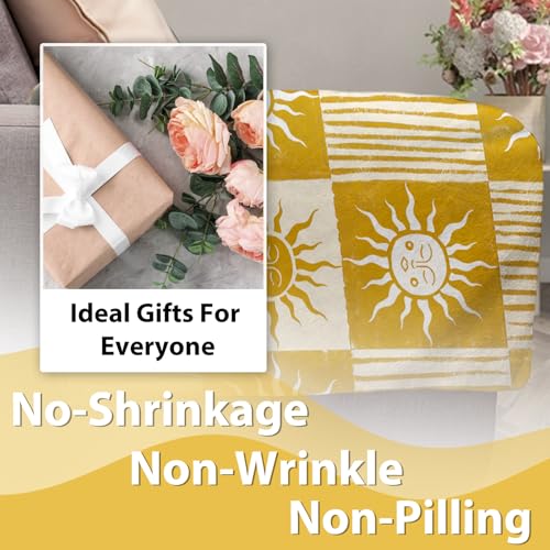 Boho Sun Face Flannel Throw Blanket, Bohemia Sunshine Yellow Birthday Gifts for Kids Men Women, Sunny Plaid Check Stripes Soft Blankets for Bedding Sofa 50" x 60" - color: Boho Sun