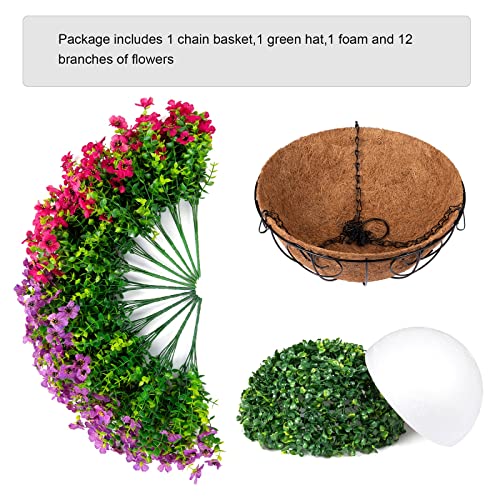 HyeFlora Artificial Faux Hanging Plants Flowers Basket for Spring Summer Outdoor Outside Decoration, Fake Silk Colorful Daisy Eucalyptus in Planter UV Resistant Realistic for Porch Patio Balcony Yard - color: Purple Pink