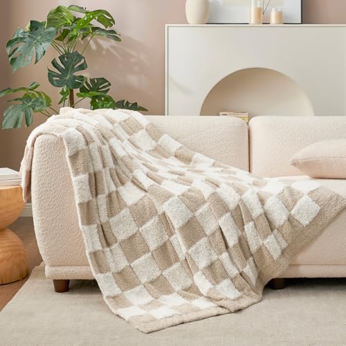 Snuggle Sac Checkered Throw Blanket Faux Fur Microfiber Blankets for Couch,Cozy Soft Warm Blanket for Sofa Bedroom Living Room,Beige Checker,50x60 inches - color: Beige White, size: Throw(50"x60")