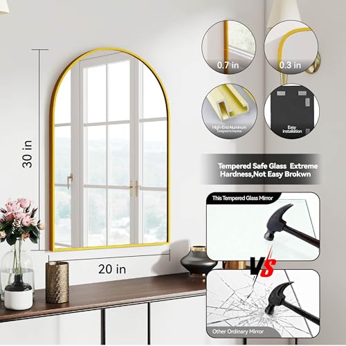 SCWF-GZ 30x20 Arch Mirror Rectangle Wall Mounted Hanging or Against Wall Metal Aluminum Alloy Frame Mirrors for Entryway Bedroom Bathroom Living Room 30 20 inch Gold - color: Gold, size: 30"L x 20"W