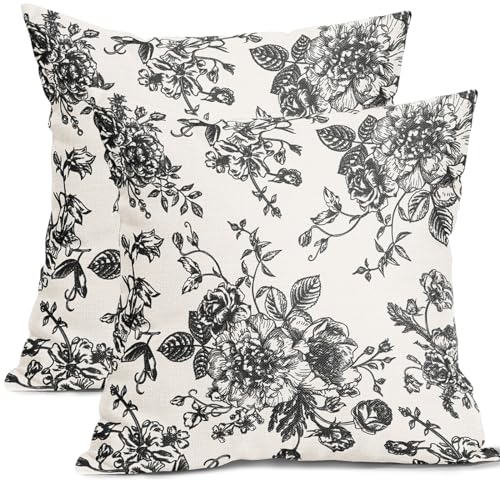 Black Floral Pillow Covers 18x18 Inch Vintage Flower Black White Decorative Throw Pillow Covers Set of 2 Farmhouse Pillowcases Cotton Linen Square Cushion Covers For Couch Bed Sofa Chair Car Decor - color: Black, size: 18" x 18" (Pack of 2)