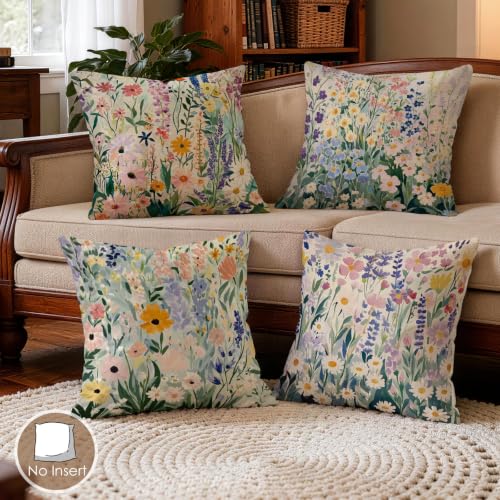 OBSEDE Cottage Wildflower Decorative Throw Pillow Covers, Set of 4 Rustic Farmhouse Cushion Cases 18x18 Inch - color: Cottage Wildflower