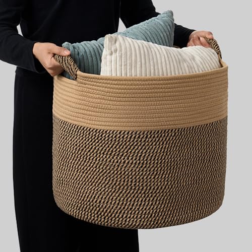 Blanket Basket (16" Dx14 H) - Round Woven Rope Storage for Living Room Throws, Pillows & Laundry- Jute/Mixed Black - color: Jute/Mixed Black, size: 16" X 16" X 14"