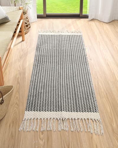 Lahome Belle Boho Kitchen Runner, 2x4.3 Bathroom Runner Rug Lightweight Entryway Rug Woven Cotton Throw Mat with Tassels, Farmhouse Non Shedding Washable Grey Rugs Low Pile for Bedroom Doorway - color: Grey, size: 2' x 4'3" (Runner)
