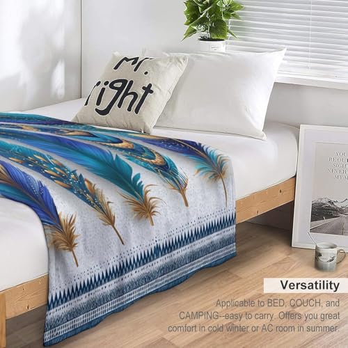 Blanket Boho Feather Gold Ornament Throw Blanket for Women Men, 40"x50" Blue Geometric Pattern Border Plush Flannel Throws, Decor for Bed Couch Bedroom - color: Boho Feather Gold Ornament, size: 40"x50"