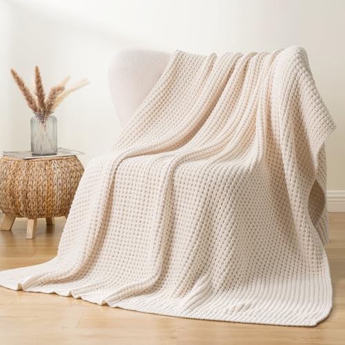 Bunnikins & Clover Cream White Throw Blanket for Couch, Waffle Ivory Throw Blanket for Bed, Warm Decorative White Blanket Throw for Home Decor, 60"x80" - color: Cream, size: 60"x80"