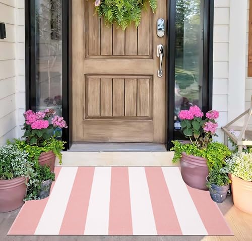 Front Outdoor Door Mat 2'x3',Pink Striped Outdoor Rug Machine Washable Cotton Layered Door Mat Entryway Throw Rug for Indoor Entrance - color: Pink, size: 2' x 3' (Rectangular)