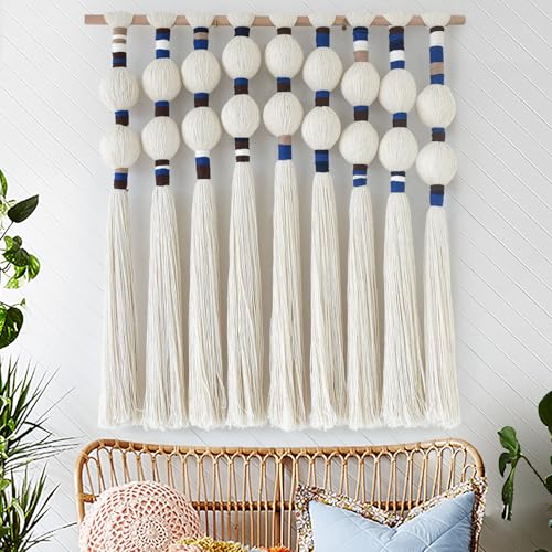 IOWER Macrame Wall Hanging Spherical Best Boho Wall Decor Fiber Handmade Cotton Rope Woven Decor with Tassels Aesthetic Handmade Woven Wall Art for Bedroom Living Room 27" W x 29.5" L - color: White and Blue