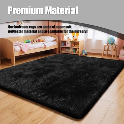 Shag Area Rug for Bedroom 4x6,Black Fluffy Area Rugs for Living Room,Soft Fuzzy Rug Non-Shedding Indoor Plush Carpet for Kids Bedroom Nursery Dorm Home Decor - color: Black, size: 4' x 6' (Rectangular)