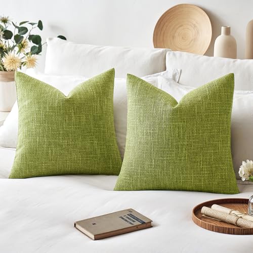 MIULEE 24x24 Inch Euro sham Burlap Linen Spring Pillow Covers Set of 2 - Green Washed Soft Skin-Friendly Texture Decorative Throw Pillows Home Decor for Farmhouse Modern Sofa,Bed,Couch,Patio - color: Green, size: 24" x 24" (Pack of 2)