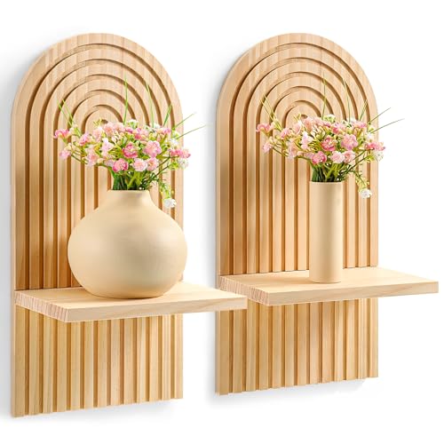 2pcs Boho Wall Candle Sconces Boho Wall Decor Rustic Farmhouse Wooden WallMount Candle Holders Wood Bohemian Decor Floating Shelves Arched Wooden Hanging Shelves for Bedroom Living Room Bathroom Home
