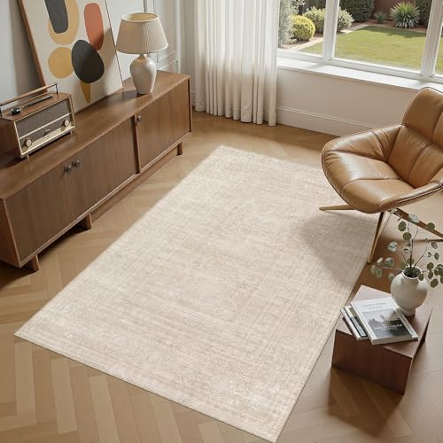 Nakagishi 4x6 Area Rugs Living Room: Washable Large Vintage Rug Neutral Non-Slip Soft Stain Resistant Indoor Carpet for Bedroom Nursery Dining Room Office Playroom - Beige - color: Beige, size: 4' x 6' (Rectangular)