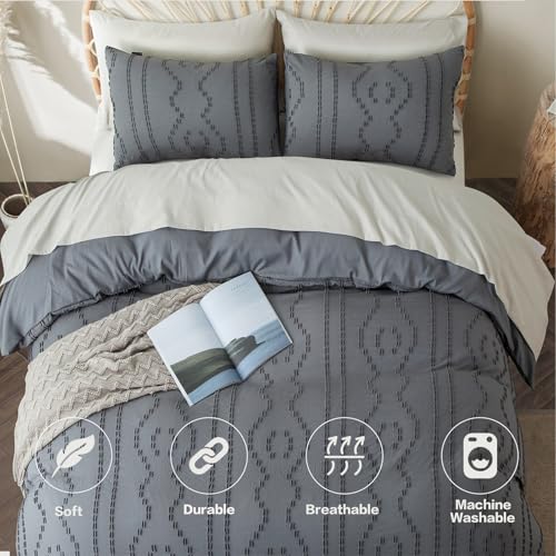 Duvet Cover King, 3PCS Boho Duvet Cover Set, Geometric Pattern Tufted Bohemian Comforter Cover Jacquard Knit Textured Bedding Set with Zipper Closure (Dark Grey) - color: Dark Grey, size: King