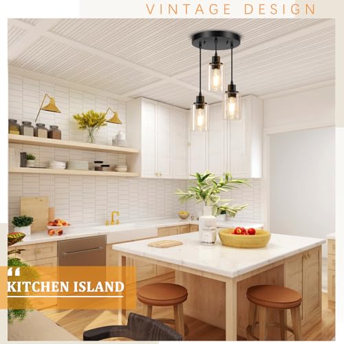 Licperron 3-Light Pendant Light Fixtures, Black Pendant Lights Kitchen Island, Adjustable Pendant Lighting with Clear Glass Shade, Modern Hanging Light Fixtures for Dining Room, Hallway, Living Room - size: 3-Lights