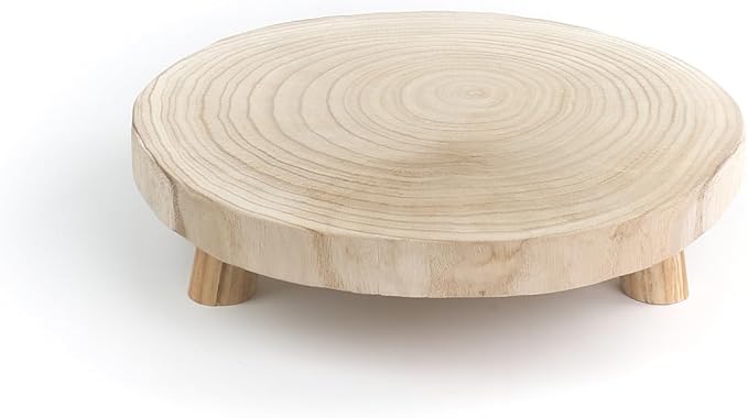 CYS EXCEL 2 Pcs Wooden Plant Stands Modern Raised Display Risers for Indoor Planters Round Natural Wood Slice Pedestals with Short Legs for Tabletop Decor Rustic Boho Home Accent, 13 Inch Diameter