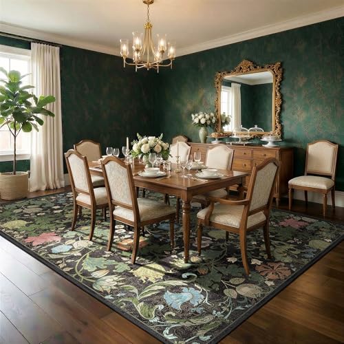 Washable Floral Area Rug 6x9 for Bedroom, Vintage Farmhouse Botanical Rug, Non Slip Low Pile Thin Floor Carpet Large Area Rug, Soft Decorative Rug for Living Room Dining Room Home Office Black Green - color: Black, size: 6'x9'