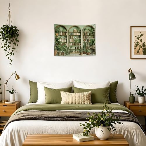 QGHOT Sage Green Vintage Tapestry Botanical Bookshelf Tapestry Wall Hanging Fake Potted Office Zoom Video Backdrop for Study Room Bedroom Living Room Decor, 37.4" x 28.7" - color: Z, size: 28.7"L x 37.4"W