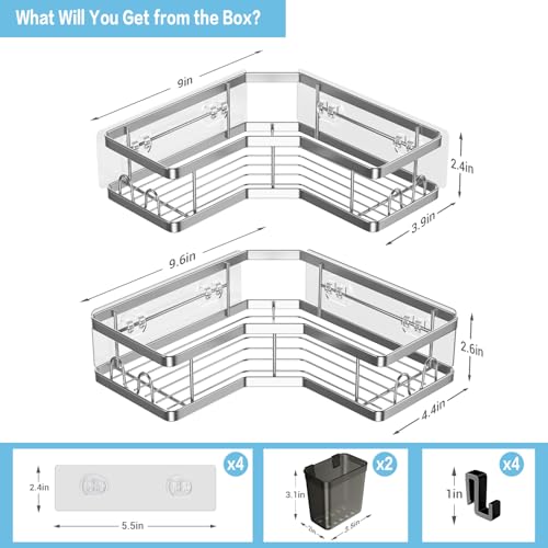 Corner Shower Caddy Bathroom Organizer: AKTECKE 2 Pack Adhesive Shelf Decor- No Drilling Stainless Steel Storage Rack with Hooks and Toothpaste Holder - Accessories Stuff - color: gray, size: 9.6"×9.6"×2.6"