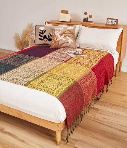 AIVIA Boho Throw Blanket, Chenille Jacquard Colorful Bohemian Chair Recliner Furniture Cover Aztec Hippie Throws Loveseat Sofa Blankets (60" x 75", Red Green Navy Yellow) - color: Red Yellow Navy Green, size: 60" x 75"