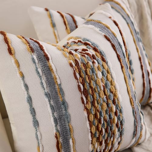 Boho Striped Throw Pillow Covers 18x18 Inch Set of 2 Farmhouse Decorative Pillow Covers Chenille Tufted Accent Neutral Pillowcase Brown White Cushion Cover for Living Room Couch Sofa Bed - color: Brown White