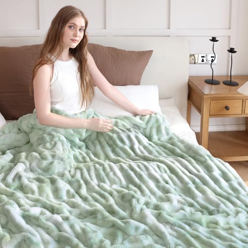 Faux Rabbit Fur Throw Blanket, Ultra Soft Plush Cozy Blanket for Couch Bed, Thick Fluffy Ruched Tie-Dye Decorative Blanket, Giftable,60"x80",Tie-Dye Sage - color: Tie-dye Sage, size: Twin(60"x80")