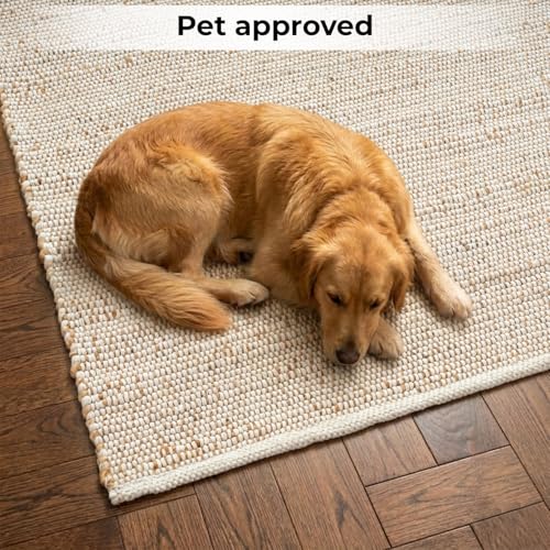 GRUHUM Jute Cotton Area Rug 5'x8' ft Rectangle Handwoven Natural Fabric Farmhouse Rug for Living Room, Bedroom Kitchen - Rustic Vintage Bohemian Eco-Friendly Carpet Home Décor 5x8 ft Natural Boho Rug - color: Natural - Ivory, size: 5' x 8' (Rectangular)