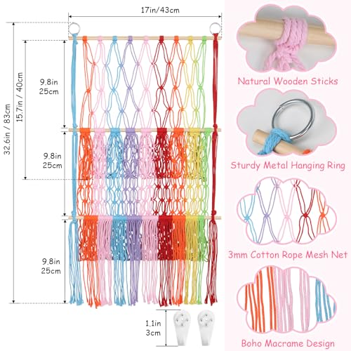 2 Tier Stuffed Animal Storage Shelf Net, 17x32Inch Large Stuffed Animal Organizer Holder Display for Mini Medium Stuffy, Rainbow Boho Macrame Wall Plushies Stuffy Storage for Nursery Decor - color: Rainbow, size: Large-2 Tier-17x32 Inch