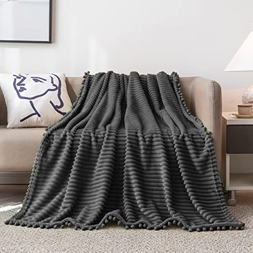 DISSA Fleece Blanket Throw Size – 51x63, Dark Grey – Soft, Plush, Fluffy, Fuzzy, Warm, Cozy – Perfect Throw for Couch, Bed, Sofa - with Pompom Fringe - Flannel Blanket Throw Blanket - color: Dark Grey, size: 51x63"