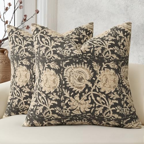 Vintage Floral Print Throw Pillow Covers 16x16 Set of 2 Neutral Modern Farmhouse Accent Decorative Cushion Covers Boho Home Decor for Couch Sofa Chair Bed Living Room, Black - color: Black, size: 16" x 16" (Pack of 2)