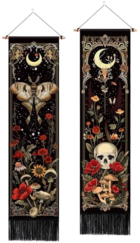 ARTCREATOR Pack of 2 Witchy Gothic Wall Bedroom Decor Moth Moon Tapestry Skull Mushroom Vertical Tapestries Retro Floral Flowers Tapestries for Bedroom Aesthetic Alt Room (12.8 x 51.2 inches) - color: colours