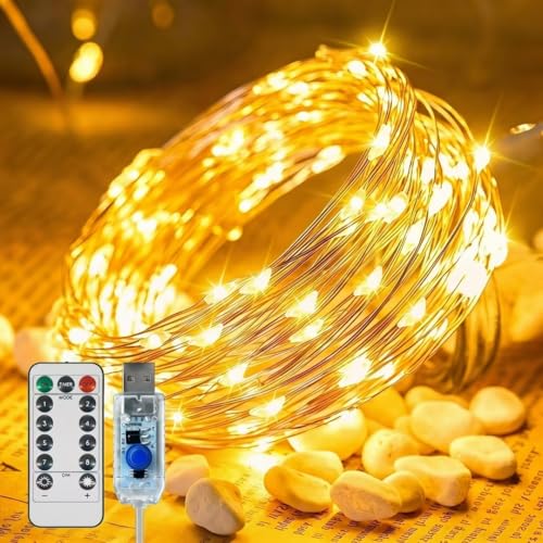 Twinkle Fairy Lights 8 Modes with Remote and Timer 33ft 100LED USB Plug in String Lights Waterproof String Lights for Bedroom Indoor Wreath Party Wedding Christmas Decoration, Warm White - color: Warm White, size: 1 Pack