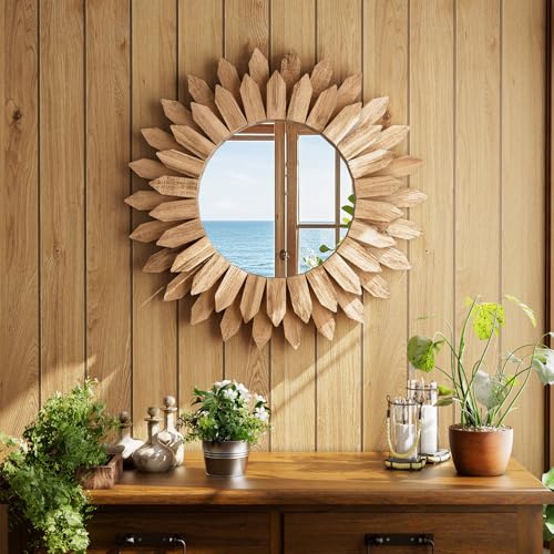 Boho Wood Sunburst Round Wall Mirror, 20 Inch Rustic Circle Wooden Frame Decorative Mirror for Farmhouse Coastal Home, Home Wall Decor for Living Room Entryway Bedroom, Light Wood - color: Brown, size: 20"L x 20"W