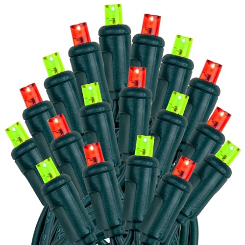 Novelty Lights 25ft 50 LED Lime Green/Red Christmas Lights Outdoor/Indoor, 6" Spacing, Green Wire String Lights for Festive Xmas Lighting, IP55, UL Listed, Dimmable, Connectable - color: Lime/Red