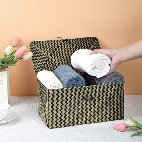 Hipiwe Wicker Shelf Baskets with Lid Seagrass Storage Baskets Handwoven Household Organizer Rectangular Woven Organizer Box for Storage Shelf Wardrobe,Medium - color: Black, size: Medium
