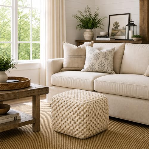 Casafield Square Pouf Ottoman, Natural - 18.5" W x 18.5" D x 14.5" H Cotton Knit Foot Stool - Boho Floor Pouffe for Living Room, Bedroom, Home Office - color: Natural, size: 18.5"D x 18.5"W x 14.5"H