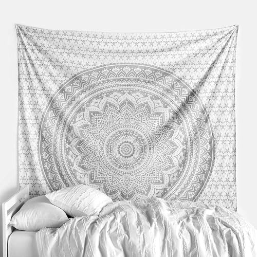 Popular Handicrafts Tapestry Wall Hanging Hippie Ombre Mandala Bohemian Hippy Metallic Shine Intricate Indian Tapestries Bedspread 54 x 82 Inches (140cm x 210cm) Silver - color: Silver, size: 82"L x 54"W