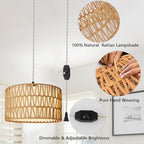 HuisMier Plug in Pendant Light Rattan Hanging Lamp 15 Ft Boho Hanging Lights with Rattan Woven & Fabric 2 in 1 Shade, Dimmable Plug in Pendant Light for Living Room Bedroom Dining Room - color: Beige and White