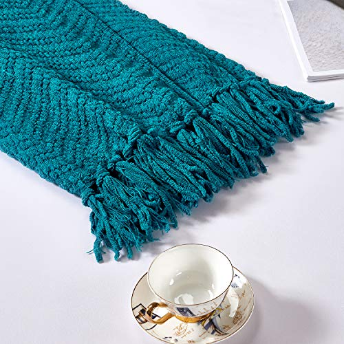 HOMEIDEAS Warm Tassel Knit Blanket Throw Size for Couch Sofa Bed, Teal Green Thick Knitted Armchair Office Chair Throw Blankets, Winter Chunky Blankets(50x60) - color: Teal Green