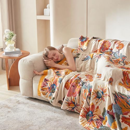 Boho Throw Blanket for Bed Couch- 100% Organic Cotton Muslin 50x60 Inch Fall Blanket Cozy Reversible Breathable Quilt Throw All-Season for Sofa & Bedroom Washable Floral Decor Blankets