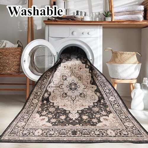Washable 2x3 Entryway Area Rug: Vintage Non-Slip Backing Rugs for Kitchen Bathroom Water Resistant Carpet for Bedroom Soft Low Pile Front Door Mat for Dining Room 2x3 Black - color: Black, size: 2' x 3' (Rectangular)