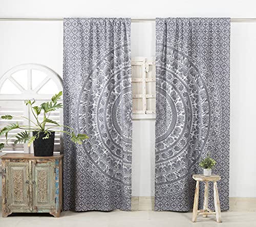 Popular Handicrafts Indian Hippie Bohemian Beautiful Elephant Color Mandala Curtain Panels Grey Silver - color: Grey Silver, size: 38"W x 83"L (Pack of 2)