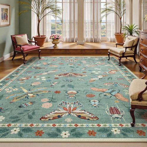Beeiva Insect Print Washable Rugs 8x10 for Living Room - Sage Green Stain Resistant Soft Area Rug 8x10, Non Slip Bedroom Rug Under Bed Large Carpet Cottagecore Boho Decor(8'x10',Green) - color: Light Green, size: 8' x 10' (Rectangular)