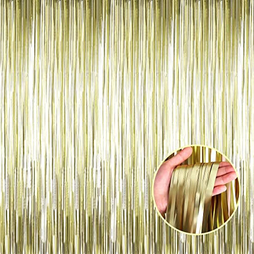 4 Pack Light Gold Foil Fringe Curtain Backdrop, 3.28Ft x 8.2Ft Metallic Tinsel Foil Fringe Streamer Curtains for Party, Photo Booth Props, Birthday, 2022 Graduation Party Supplies - color: Light Gold