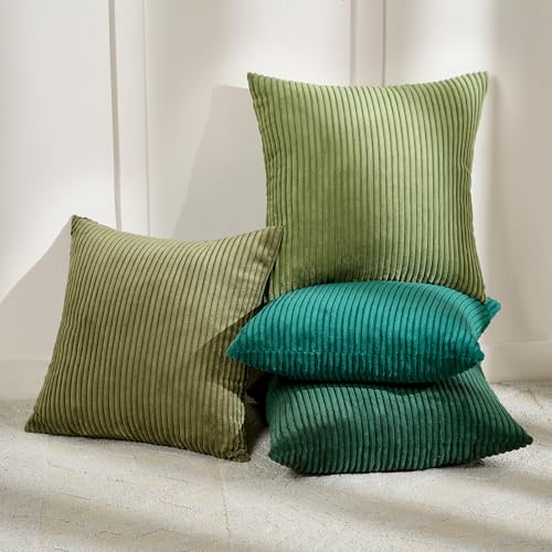 Volcanics Set of 4 Dark Green Corduroy Decorative Couch Throw Pillow Covers 18x18 Inch, Soft Modern Boho Striped Accent Cushion Cases for Home Sofa, Rustic Home Decor - color: Dkgreen, size: 18" x 18" (Pack of 4)