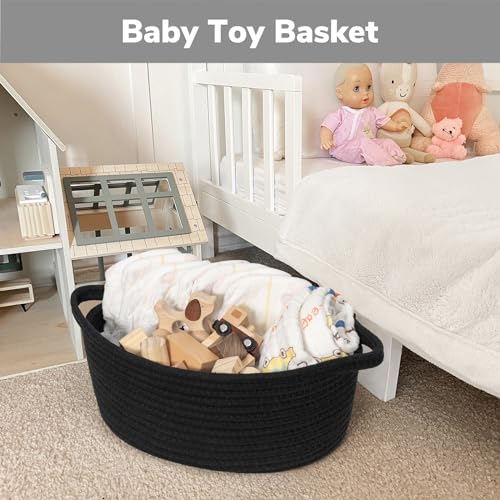 Goodpick Small Woven Basket, Baskets for Gifts Empty, Baby Basket with Handles, Black Baskets for Organizing, Dog Toy Basket, Rope Baskets for Storage, 12" x 8" x 5" - color: Pure Black, size: 12x8x5 Inch (Pack of 1)