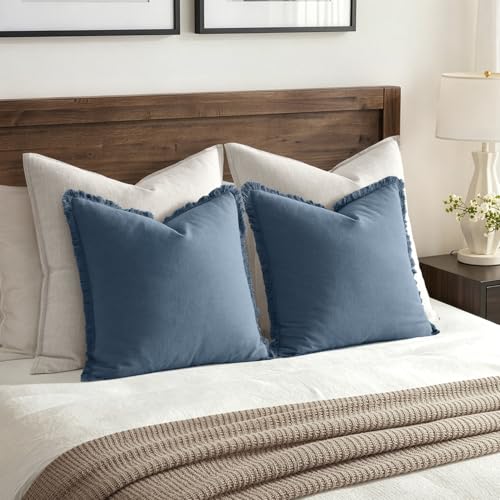 ANRODUO Set of 2 Decorative Throw Pillow Covers 24×24 Inch Soft Linen Fringe Farmhouse Boho Vintage Cushion Covers with Tassels Accent Pillowcase for Couch Sofa Bed Living Room Summer Blue Ashes - color: Blue Ashes, size: 24" x 24" (Pack of 2)
