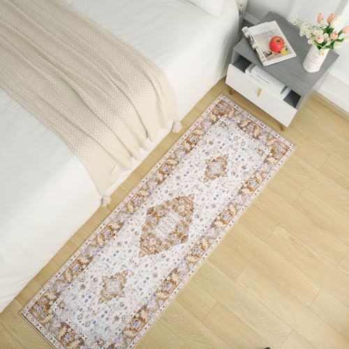 Amearea Vintage Design Runner Rugs for Living Room, 2x6 Machine Washable Floral Collection Traditional Bedroom Rug, Low Pile Cute Kids Room Print Carpet, No Slip Office Kitchen Home Decor, Gold Yellow - color: Gold, size: 2' X 6' (Runner)