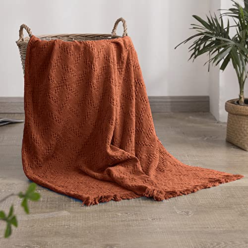 Simple&Opulence 100% Cotton Throw Blanket for Bed, Couch, Boho Luxury Geometric Woven Blanket with Tassels Soft Lightweight Cozy Breathable, Vintage Farmhouse Decoration for All-Season(Rust Orange) - color: Rust Orange