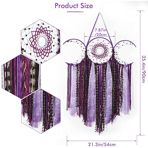 ANROYE Purple Triple Moon Goddess Macrame Wall Hanging, Boho Wiccan Crescent Dream Catcher, Bohemian Dreamcatcher for Women,Woven Pagan Tapestry Decor for Bedroom Witch Decoration - color: Mystic Purple