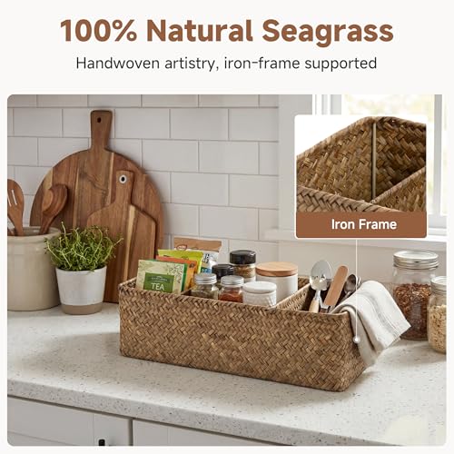 StorageWorks Toilet Paper Baskets for Shelves, 3-Section Wicker Baskets Storage, Back of Toilet Basket for Tank Topper, Counter, Pantry, Living Room Decor, 2 Pack Seagrass Basket - color: Brown（seagrass）, size: 14¼"l x 6"w x 4¼"h